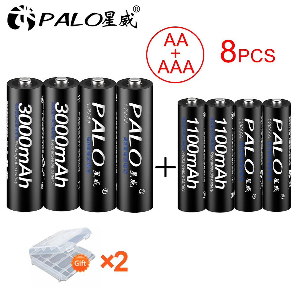 PALO 4 шт 1,2 V 3000mAh AA перезаряжаемая батарея AA NiMH 1,2 V Ni-MH предварительно заряженная батарея+ 4 шт AAA батарея Baterias Bateria Black