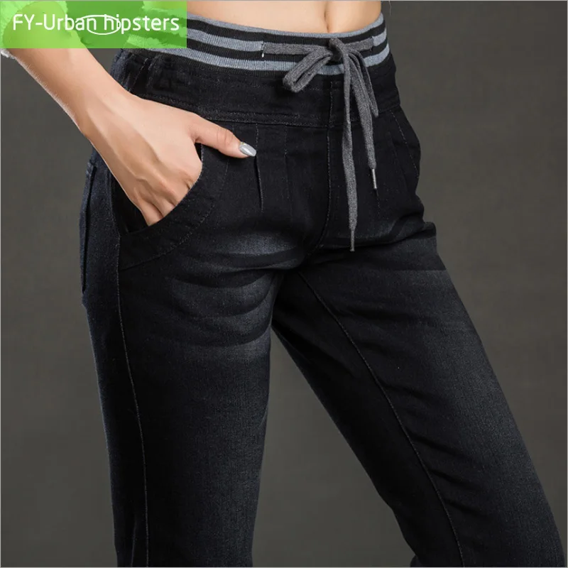 

fall fashion 2020 womens lace up jeans woman stretch Pleated high waist Elastic jeans Plus Size feminina loose harem denim pants