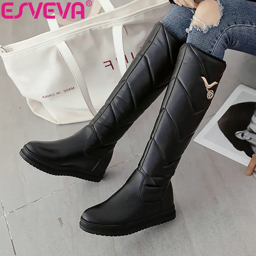 

ESVEVA 2019 Women Shoes PU Knee-high Boots Height Increasing Round Toe Elegant Woman Snow Med Heels Concise Slip on Size 34-43