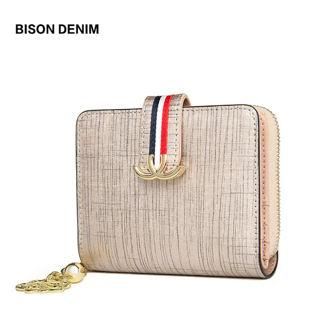 BISON DENIM Genuine Leather Women's Purse Ladies Money Bag Zipper Coin Wallet Card Holder Travel Wallet carteira feminina N3275