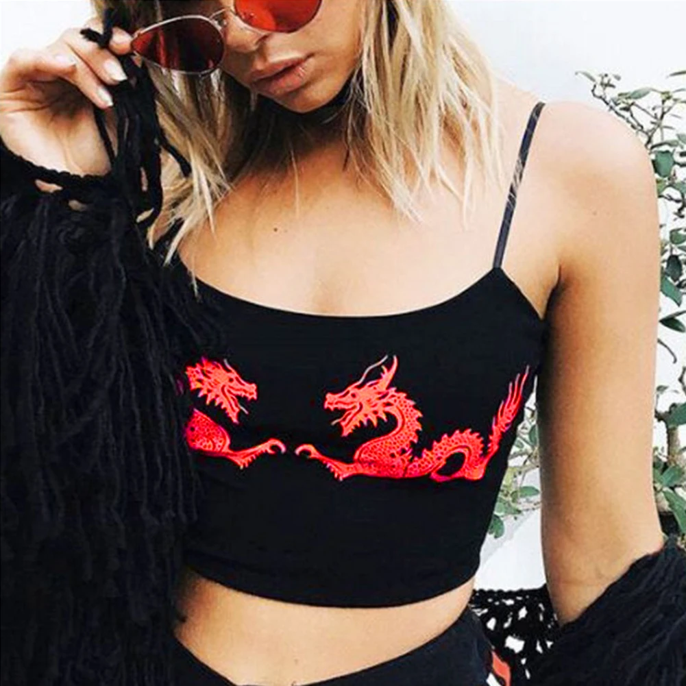 Women Summer Fitness Dragon Pattern Sleeveless U Neck Cropped Casual Fashion Sexy Polyester Crop Tops Straps Attractive Tight