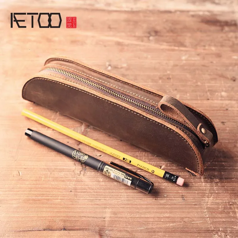 

2017 new Crazy horse leather first layer leather pen pocket school handmade retro vintage leather stationery bag pencil bag