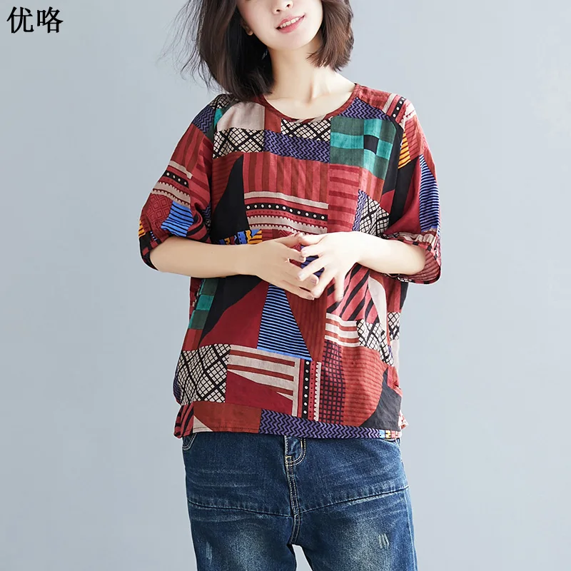 

2019 Summer Women New Plus Size 4XL 5XL Geometric Print T Shirt Femme Big Size Cotton Linen Tee Shirt Ladies Short Sleeve Tshirt
