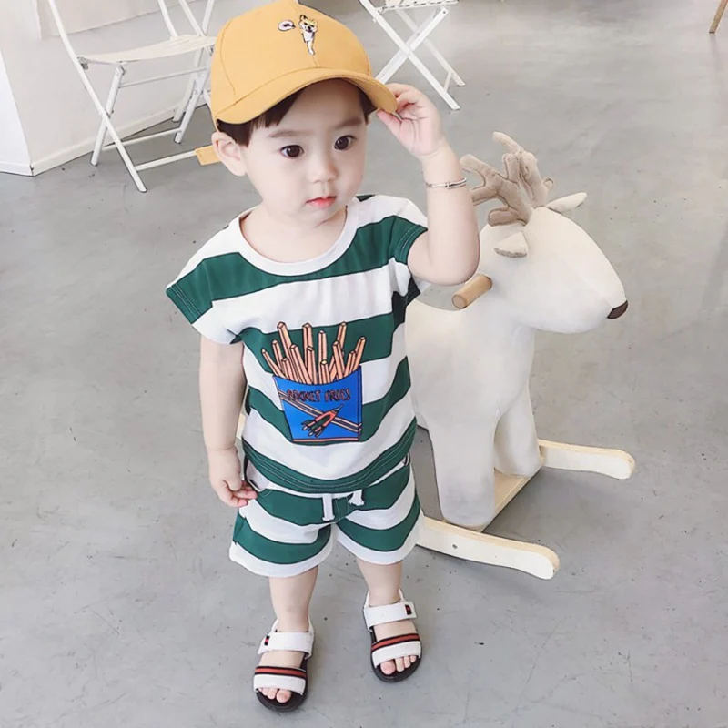

2PCS Suit Baby Boy Clothes Children Summer Toddler Boys Clothing Set Cartoon French Fries Style Triped Tops Shorts Clothes Sets
