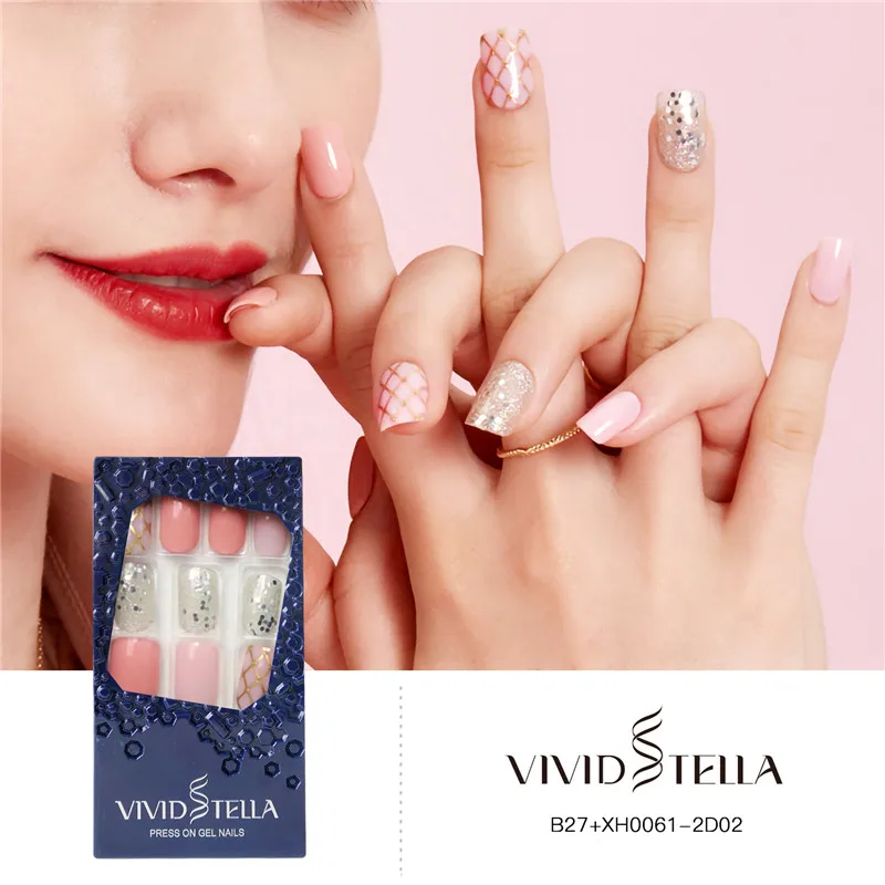 

Pink Pre-glued False Nails With Design in Box Press on Soft Fake Nail Tips Artificial ABS DIY Nail Art