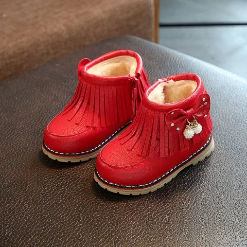 Г. Зимние модные ботинки для маленьких девочек теплые зимние ботинки из плюша нескользящая Мягкая Обувь для принцессы с бантом, спортивная обувь для новорожденных - Цвет: Красный