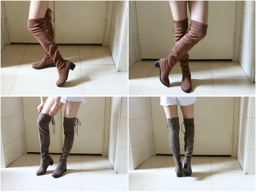 ESVEVA/ г. Женские ботинки пикантные Сапоги выше колена на шнуровке модные зимние сапоги на среднем каблуке с квадратным носком размеры 34-43