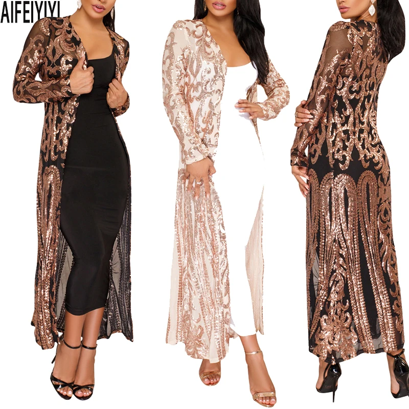  Plus Size Spring 2019 Hot Summer Kimono Sexy Women Long Sequined Patchwork Lace Cardigan Chiffon Bl
