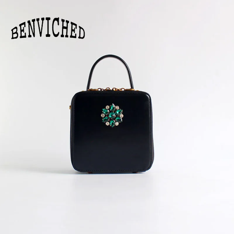 

BENVICHED Ladies' Cattle leather Square bag 2019 retro fashion women black Diamonds handbag single shoulder bag mini bag c381