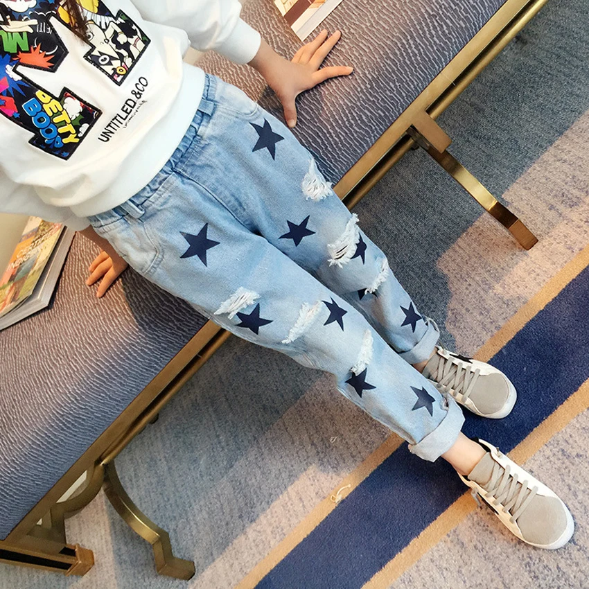 

kids Denim Pants 2018 new fashion spring girls jeans hole ripped kids pants girls Pentagram printed denim pants children jeans