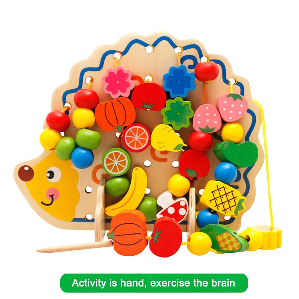 1 Set Creative Useful Wood Hedgehog Fruit Vegetable Beads Building Thread Toy for Kids