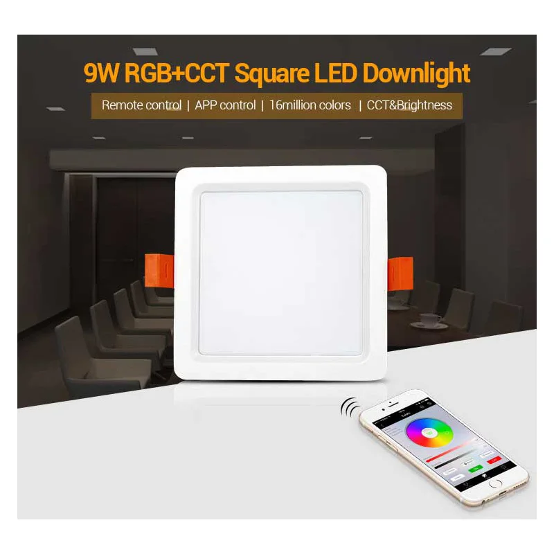 

FUT064 Milight 9W RGB+CCT Square LED Downlight AC100~240V,FUT089 8-Zone RGB+CCT Remote Controller