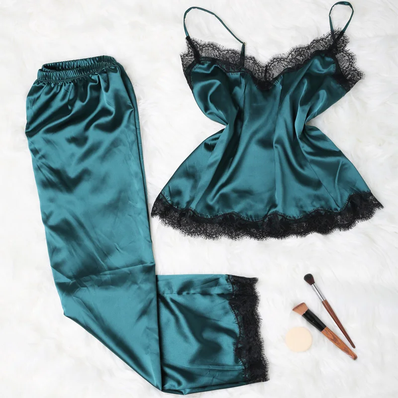 Goedkoop Satijnen Pyjama Voor Vrouwen Lace Top Met Lange Broek Winter Nachtkleding Zijde Pijama Comfortabele Thuis Kleren