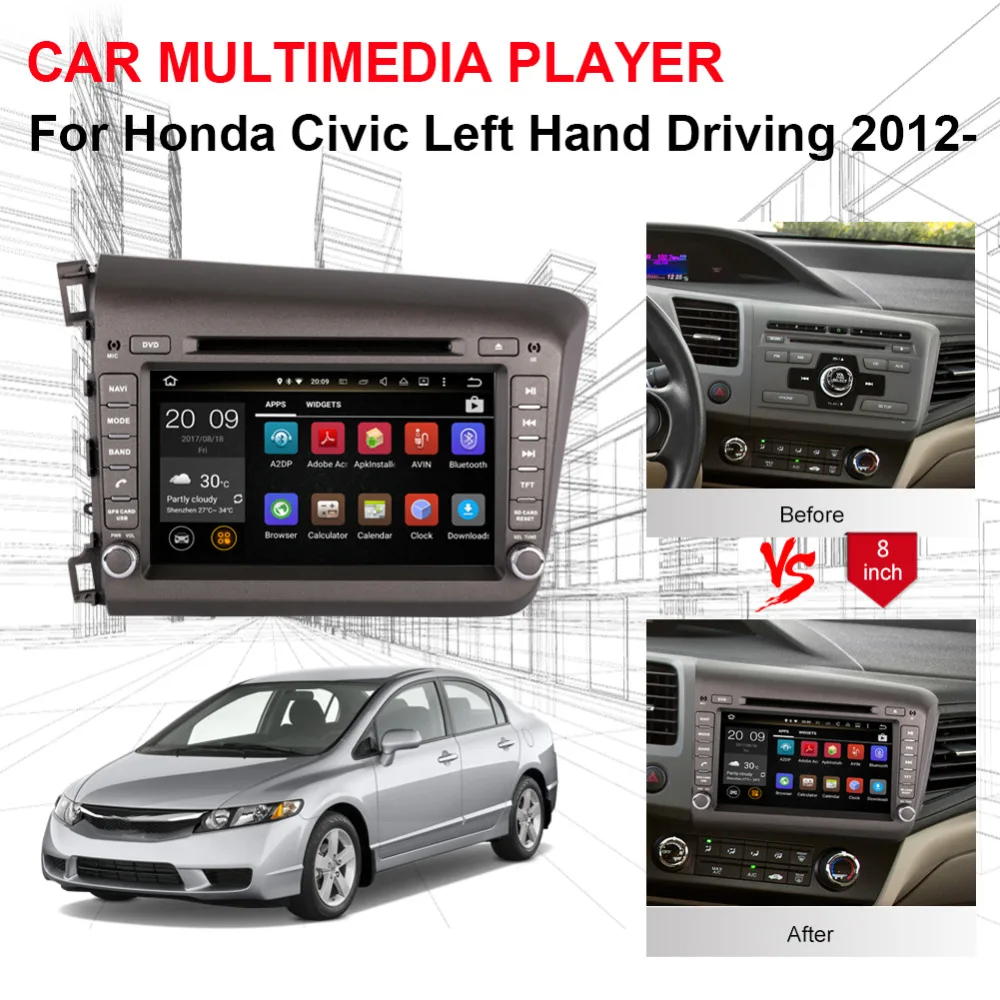 4GB RAM Android 7.1/8.0 Octa Core Car DVD Multimedia Player For Honda Civic Left Hand Driving 2012 2013 GPS Navigation WIFI 3G | Автомобили