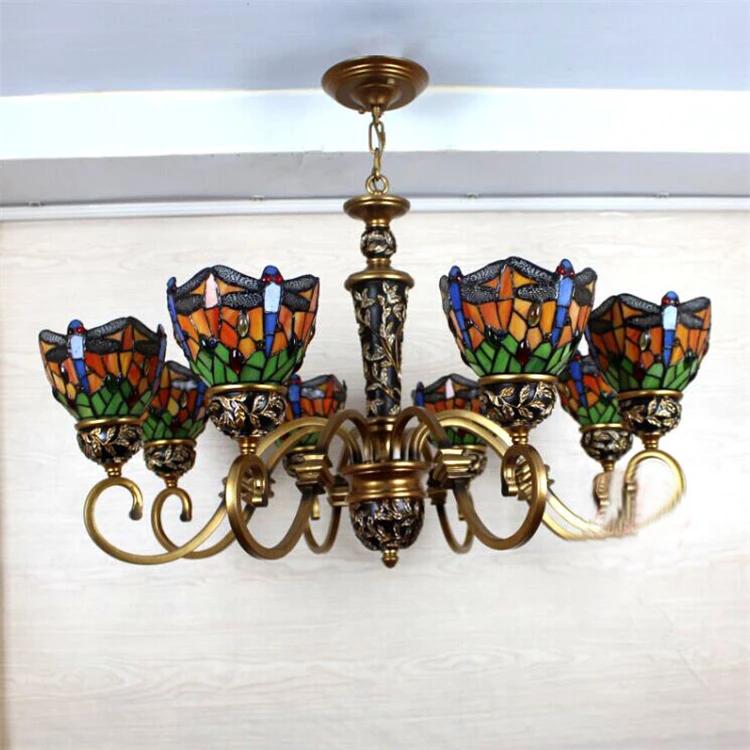 European Style Vintage Stained Glass Dragonfly  Pendant Light Artistic Tiffany Bar Cafe Lamp Dining Room Pendant Light