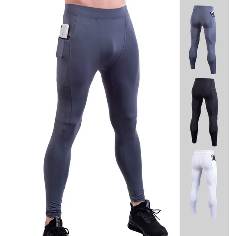 

Jogging Sports Tights Man Leggings With Pockets Compression Homme Running Tight Pants Gym Fitness Clothing Black White Gray