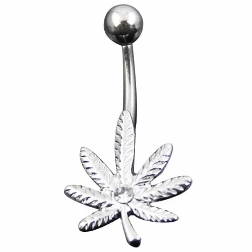 

Weed Pot Leaf Navel Steel Bar Crystal Body Piercing Button Belly Ring, Silver
