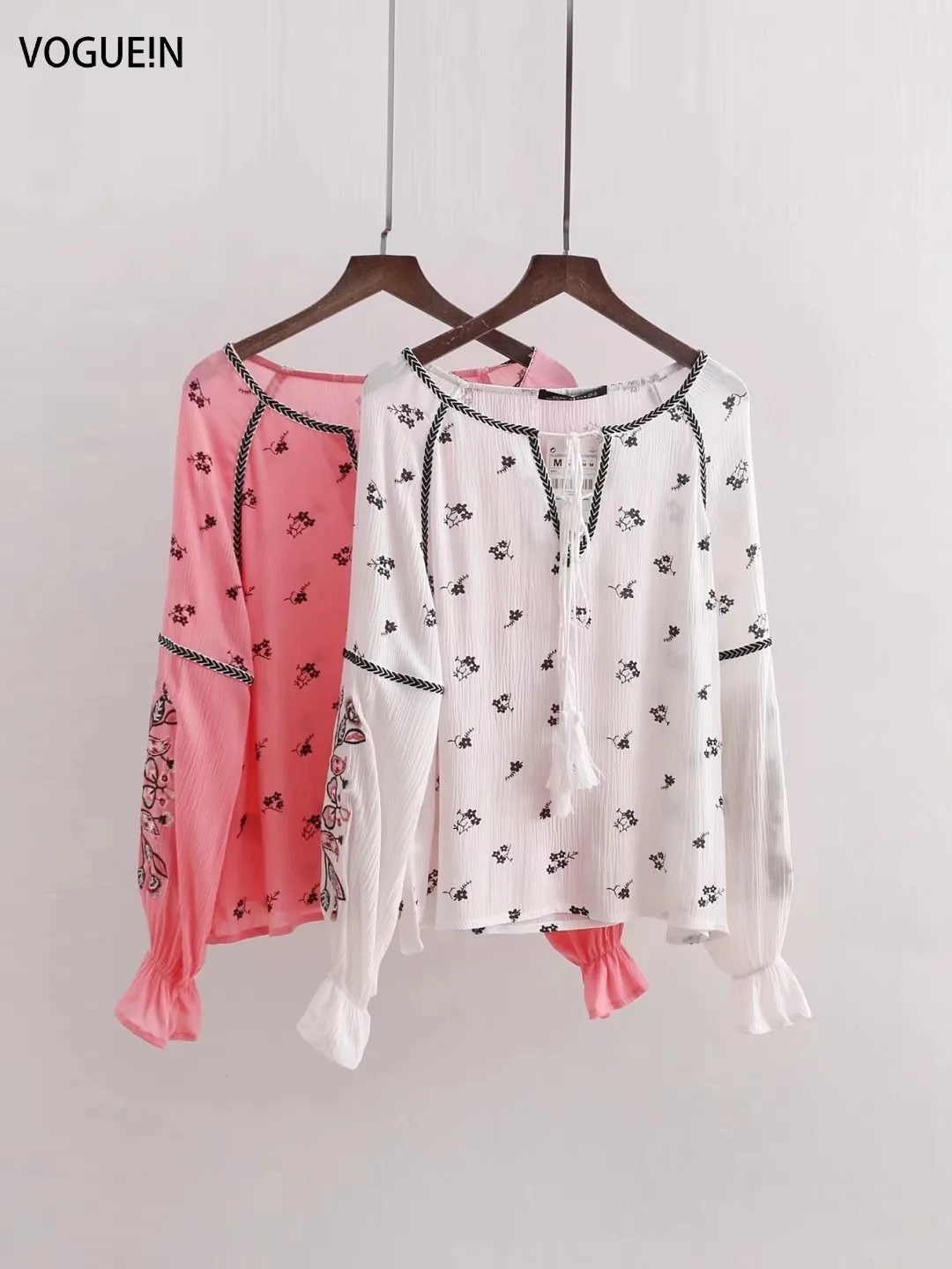 

VOGUEIN New Womens Embroidery Floral Print Long Sleeve Blouse Tops Shirt Pink White Wholesale