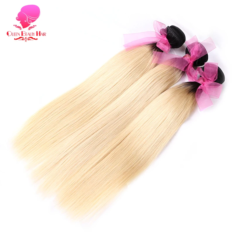 

QUEEN BEAUTY 1/3/4 PC 1B 613 Ombre Blonde Brazilian Straight Remy Human Hair Weave 2 Tone Dark Roots Platinum Color Hair Bundles