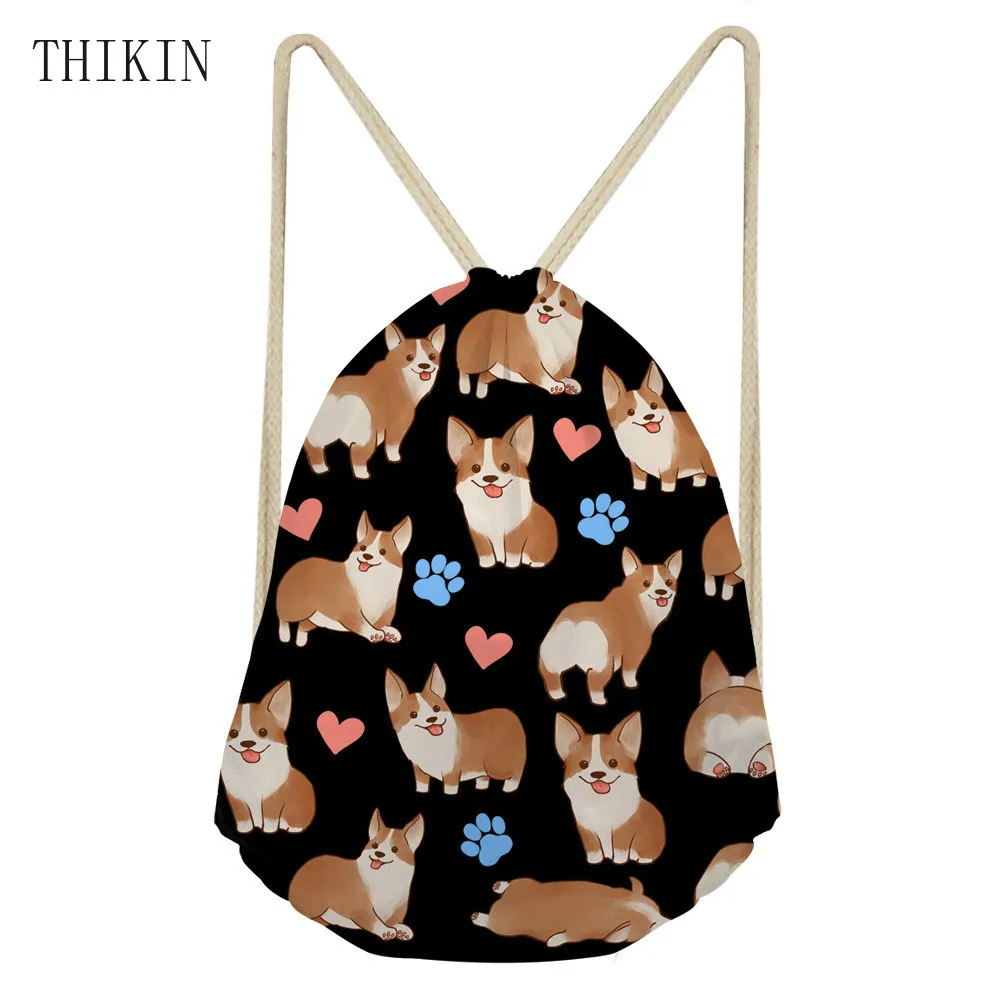 

THIKIN Women Backpack Cute Corgi Print Sports Bag Causal Students Swimming Draw-string Pouch Girls Beach Bolsos Teen