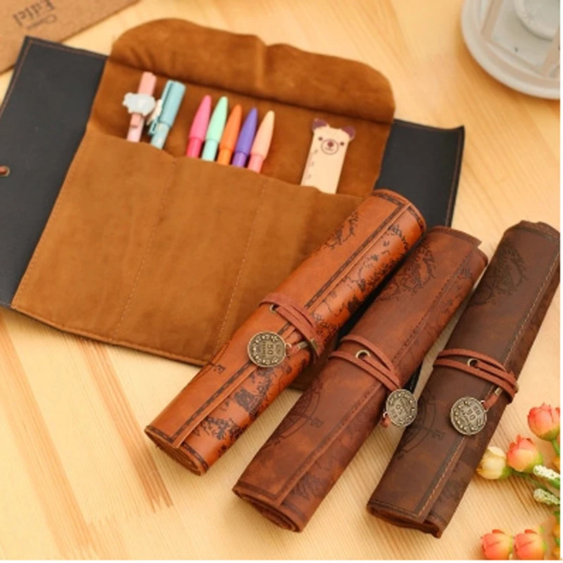 

1pc Vintage Pencil Cases Creative Treasure Map Roll Up Pu Leather Pen Bags Multifunction Cosmetic Bags Pouch Pocket Brush Holder