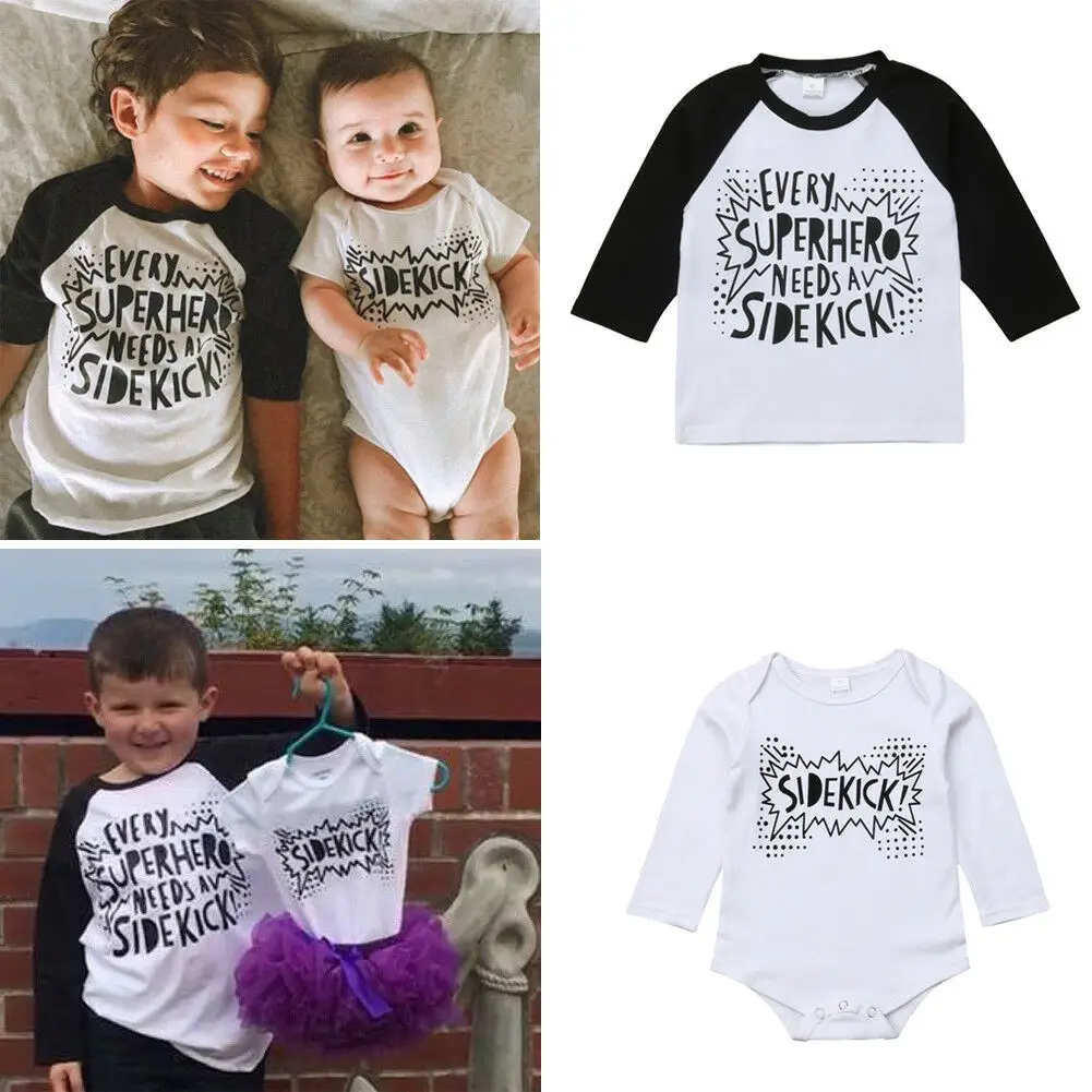 

2019 Brand New Infant Baby Boys Clothes Little Big Brother Romper Long Sleeve T shirt Cotton Jumpsuit Black White Outfits Set