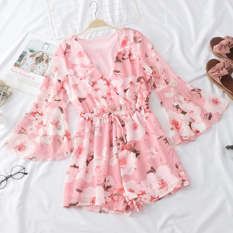 

MUMUZI 2019 women chiffon jumpsuit flower print shorts wide leg pants flared sleeve sexy v neck rompers overalls