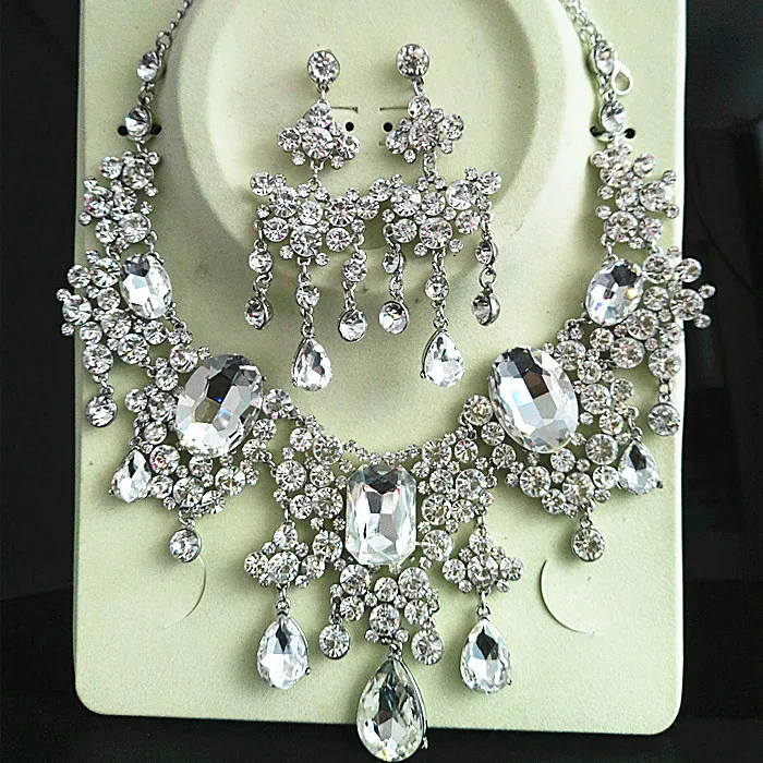 Luxo Grande Strass Conjuntos де Joias De Noiva Прата Declaracao Colar Brincos Conjuntos де Cristal набор Joias Para Noivas