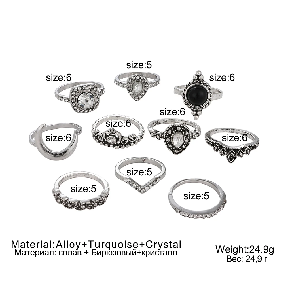 FAMSHIN 10PCS/Set Vintage Antique Silver Moon Heart Ring Set Crown Opal Stone Finger Midi Rings Set for Women Boho Jewelry Gift