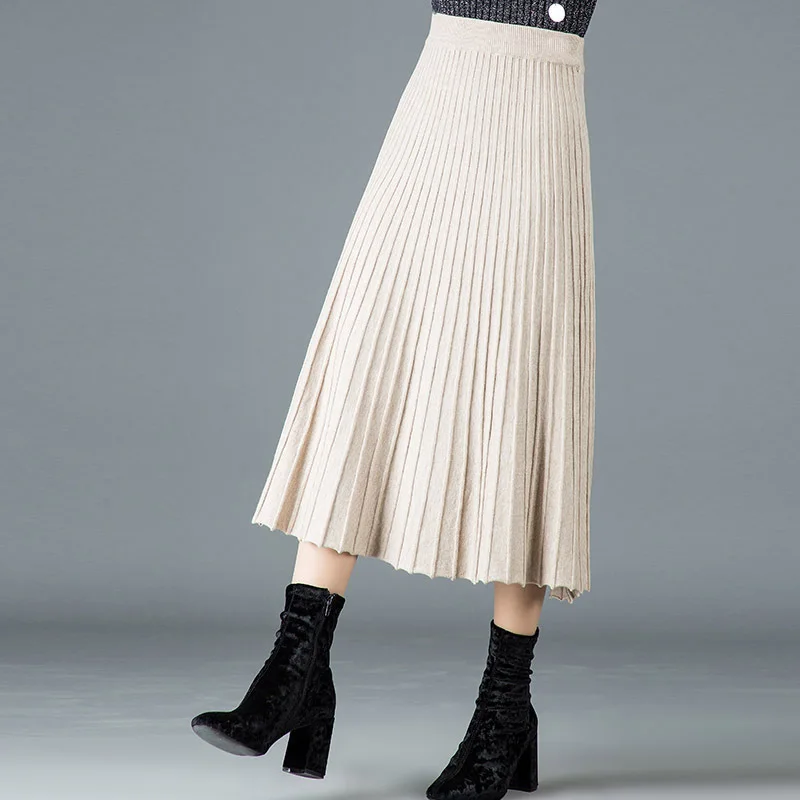 

Autumn Winter Woman Knitting Long Pleated Skirt 2019 Korean Edition Elastic High Waist Solid A Line Maxi Skirt Elegant OL Skirt