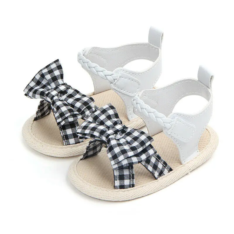 2019 Newborn Baby Girl Soft Sole Crib Shoes Infant Toddler Plaid Bowknot Sandals First Walkers Summer Princess Shoes Dress 0-18M