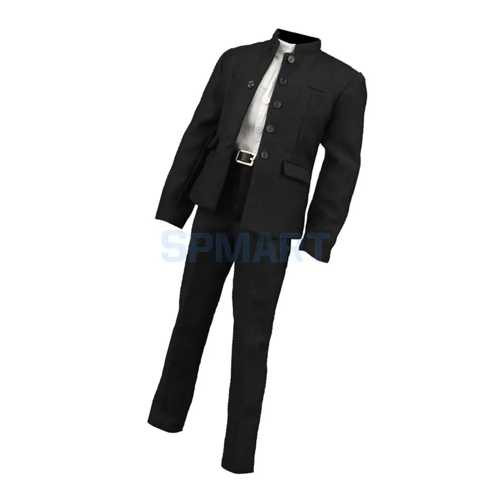 1/6 Scale Black Chinese Tunic Suit Coat Pants Shirt & Belt Set for 12