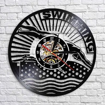

Swimming Vinyl Record Wall Clock Modern Design Sport Player Silhouette Led Wall Clock Unique Gift Idea For Swimming Lover