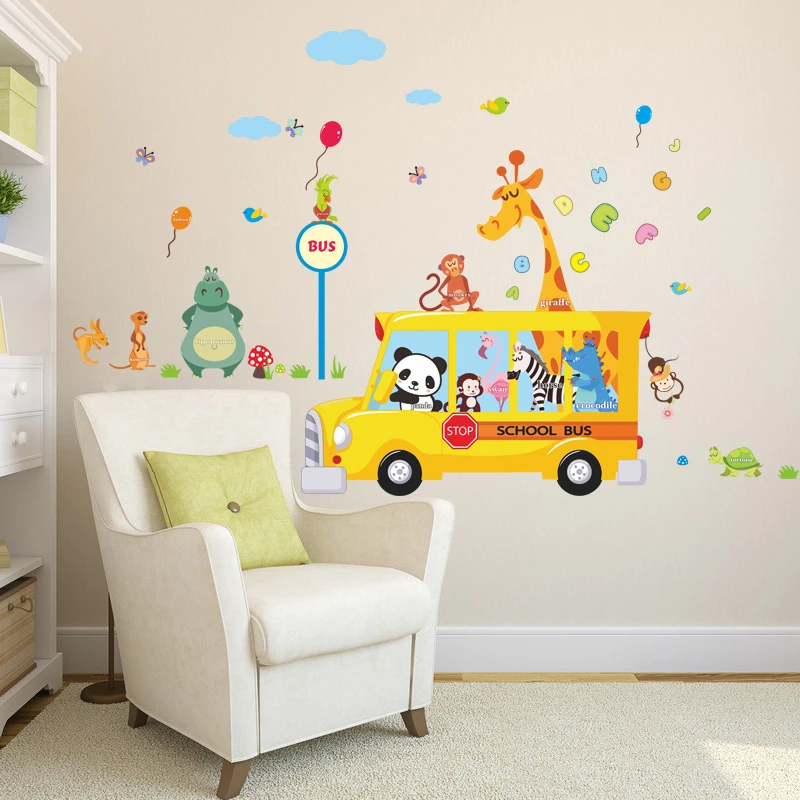 

Lovely Animals In School Bus Wall Sticker For Kindergarten Kids Room Home Decor Giraffe Zebra Monkey Safari Mural Art Pvc Decals