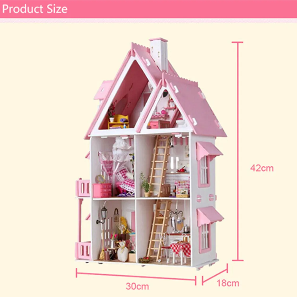 

House Villa Miniature Wooden Doll House 3D Furniture Kits 42cm Height Princess Dream-House Birthday Gift