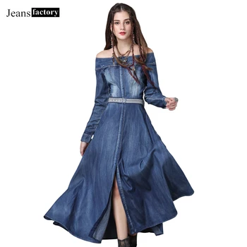 

Summer Vintage Slash Neck Embroidery denim Dress Clothes for Women Elegant Long Dress Woman Ladies Fashion Cowboy Midi Dresses