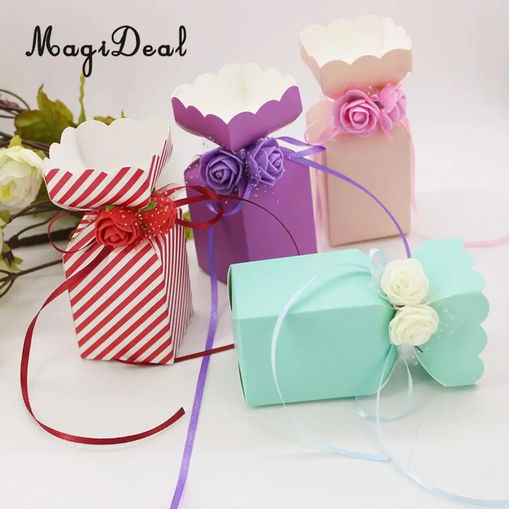 MagiDeal 50pcs Rose Flowers Ribbon Candy Gift Boxes Wedding Party Favor Decor Red