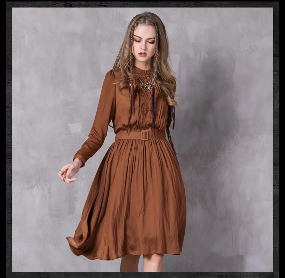 Vintage Autumn Women Dress 2017 Polyester Cotton Long Sleeve Stand Collar Belted A-line Pleated Dresses Vestidos Feminino (13)