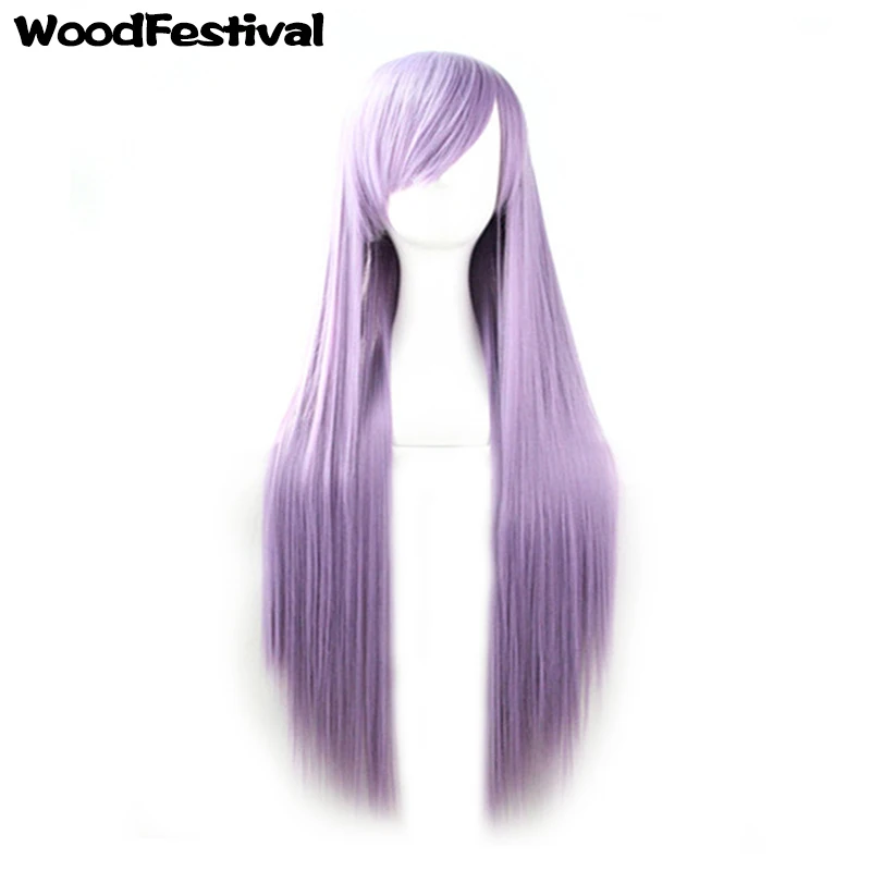 WoodFestival Synthetic Hair Straight Long Wig With Bangs Cosplay Wigs For Women Pink Red Blue Purple Blonde Brown Black Green