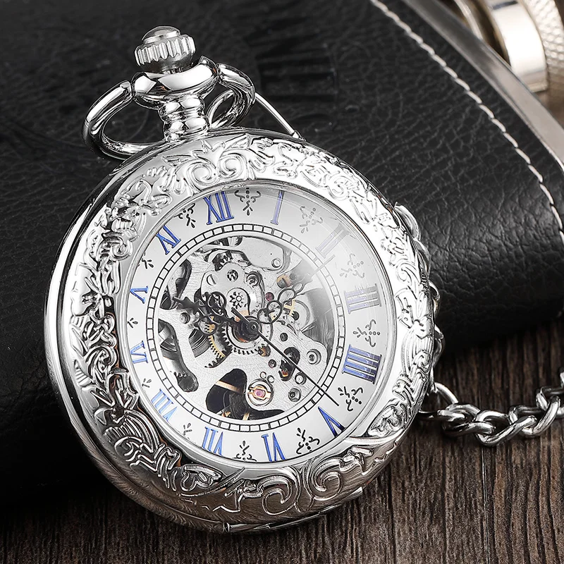 Luxury Silver Roman Number Dial Mens Mechanical Pocket Watch With Chain