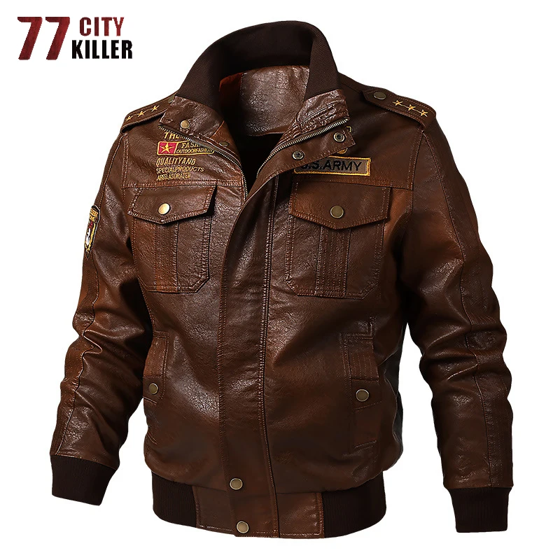 

77City Killer Plus Size Military Leather Jacket Men Spring Bomber Jacket Motorcycle Outwear PU Jacket jaqueta de couro M-6XL