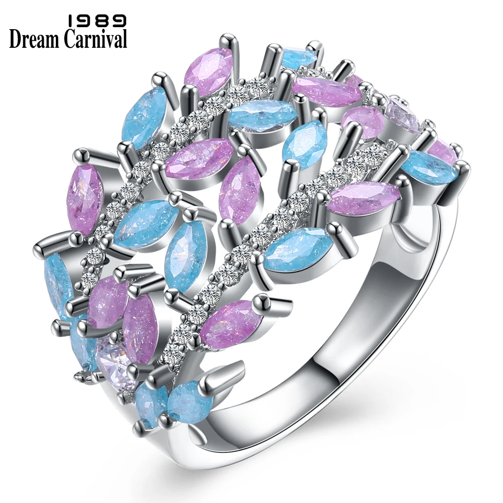 

DreamCarnival 1989 Trendy Leaf Shape Pastel Light Pink Blue Mix Color Jewelry Glitter Zircon Luxury Rings for Women SJ30057R