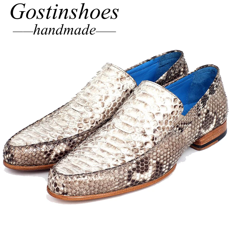 

GOSTINSHOES HANDMADE Goodyear Welted Mens Formal Shoes White Genuine Snakeskin Dress Shoes Round Toe Slip-On SCF25