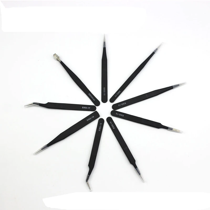 9pcs=One Set Professional Anti-Static Stainless Steel Tweezers Maintenance Tools Kits For small electronics Repair