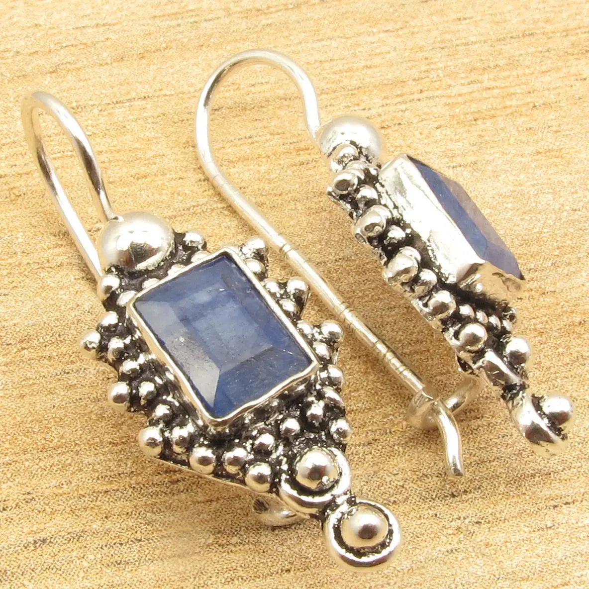 

Blue Sapphires Gem Earrings ! Silver Plated Decorative Jewelry 1 1/4 Inches