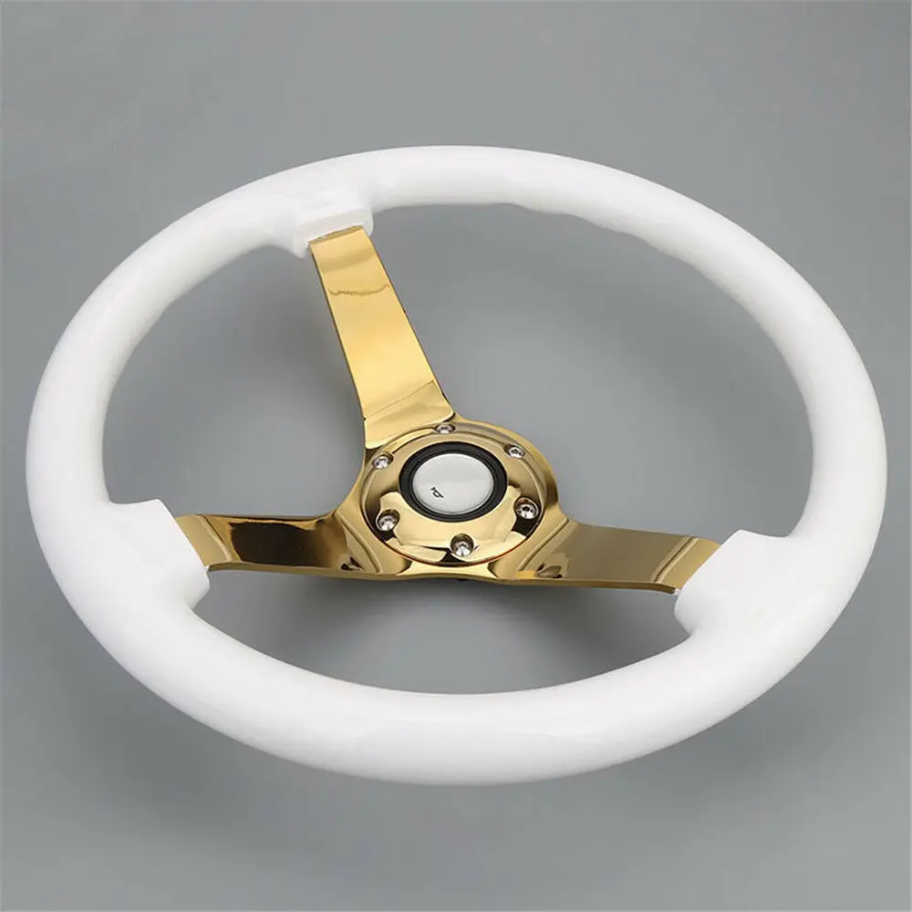

14" 350mm Golden Colour Spoke Deep Dish White Wooden Holder Universal Fit Sports Racing Steering Wheel