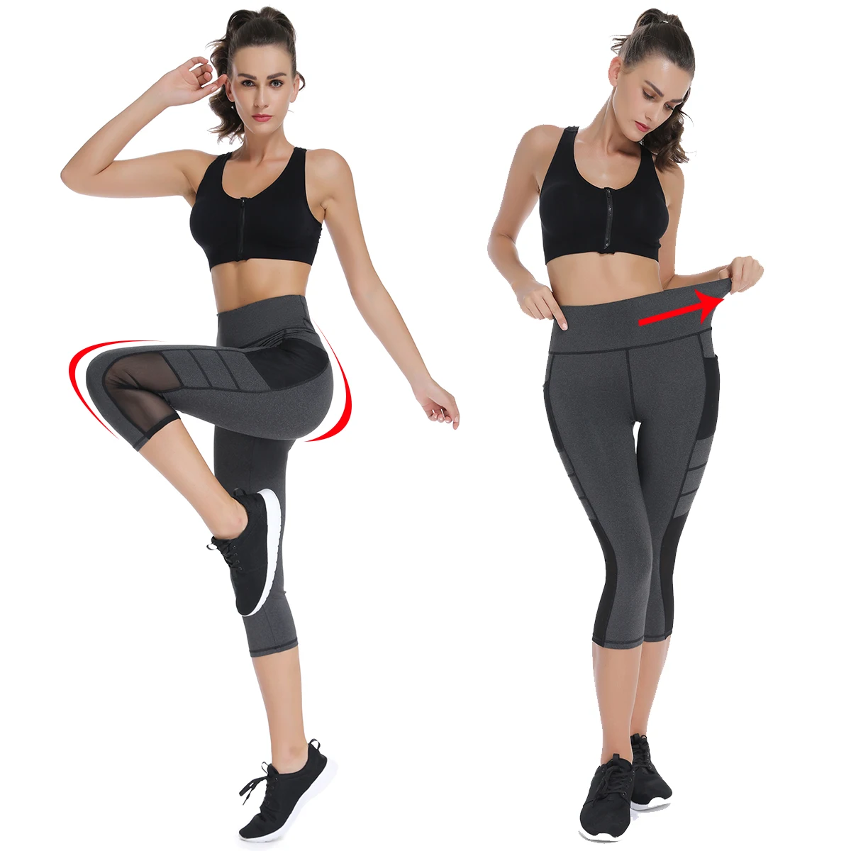 

High Waist Mesh Panel Capri Fitness Leggings for Women Workout Pants with Pockets Sports Running Active Gym Trousers