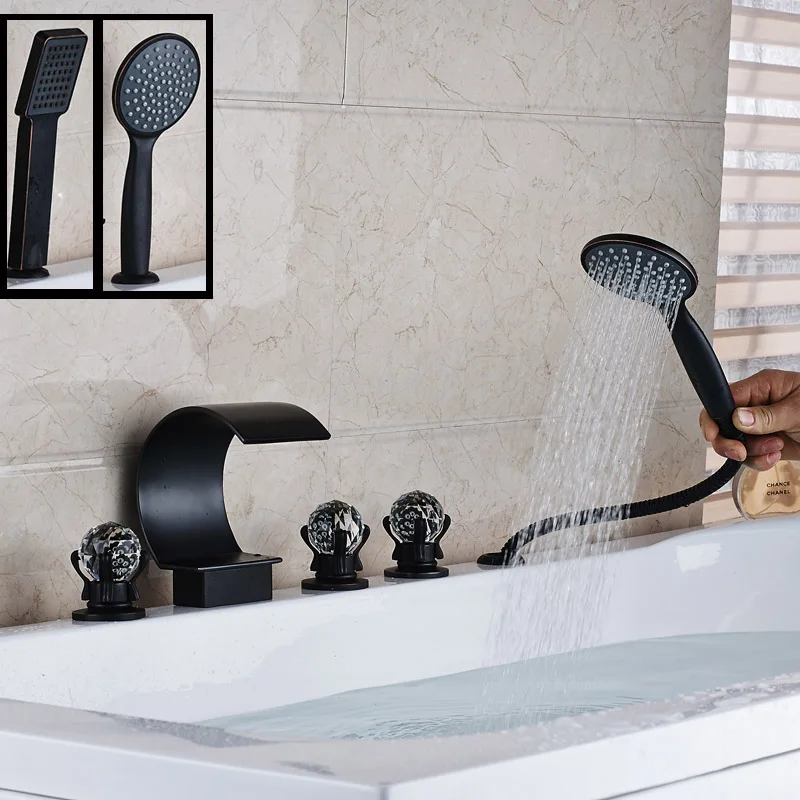 

Oil Rubbed Bronze Bath Mixers Deck Mounted Waterfall Spout Roman Tub Sink Faucet with Handshower