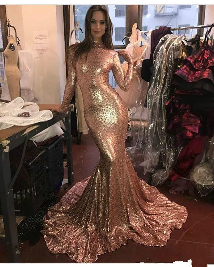 Fashion Long Sleeves Gold Sequin Mermaid Prom Dresses 2017 High Neck Formal Trumpet Evening Party Gowns robe de soiree longue | Свадьбы и
