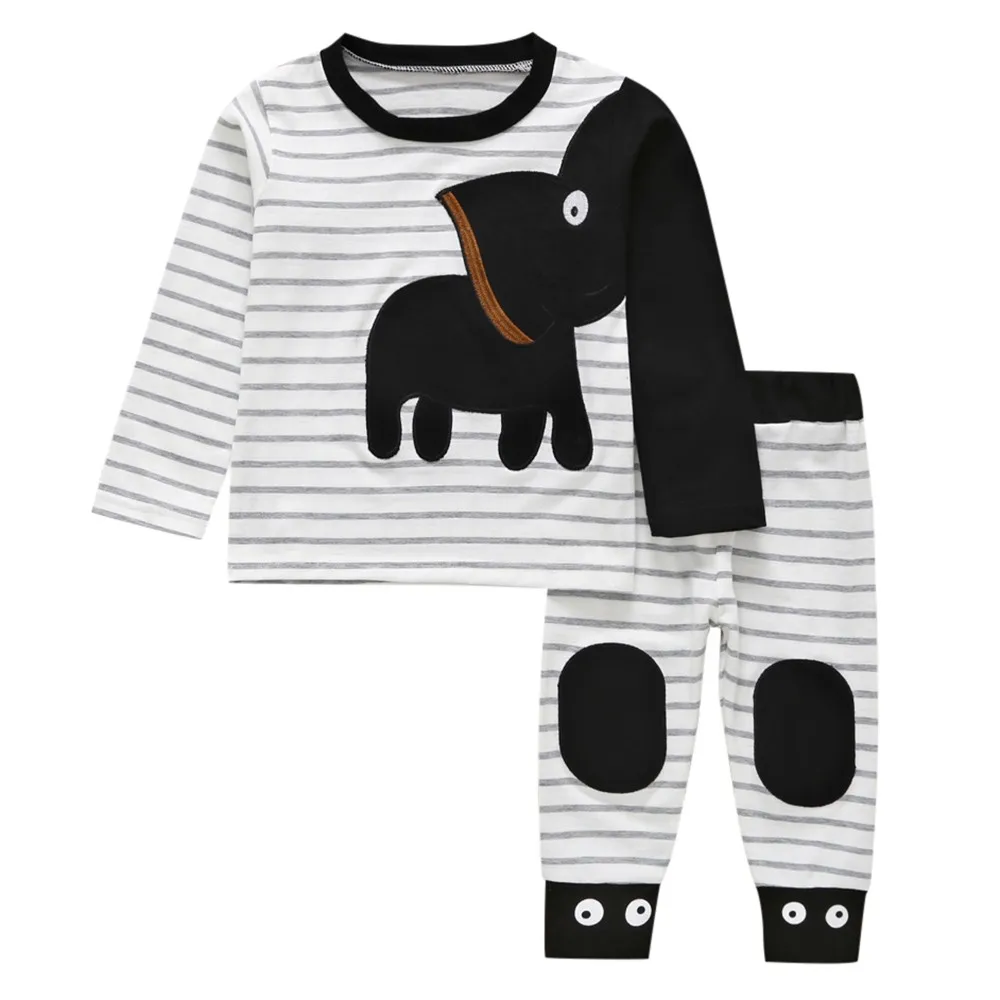 

2018 Top Selling Fashion Baby Clothes Children Clothing Long Sleeve Rose Elephant Striped Print Top + Pants Set Outfits Clothes